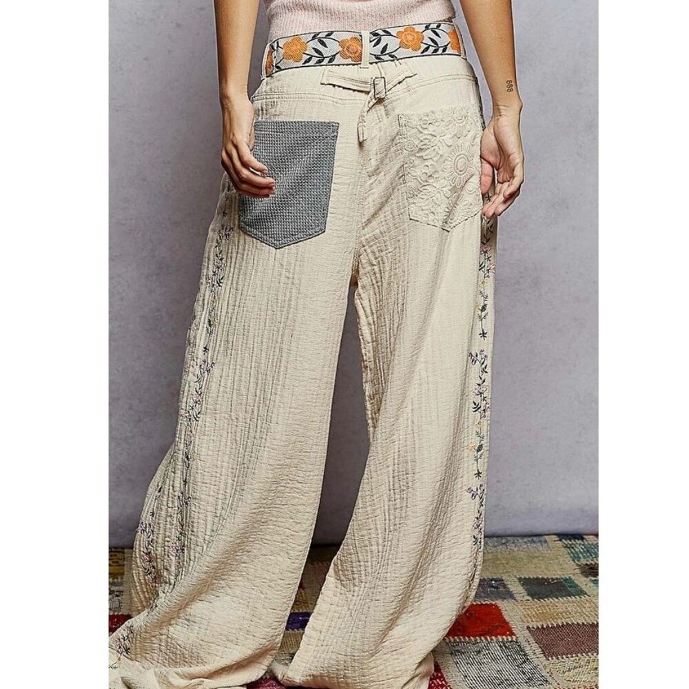 POL Contrast Lace Detail Double Gauze Woven Pants S-M left - Picture 2 of 2